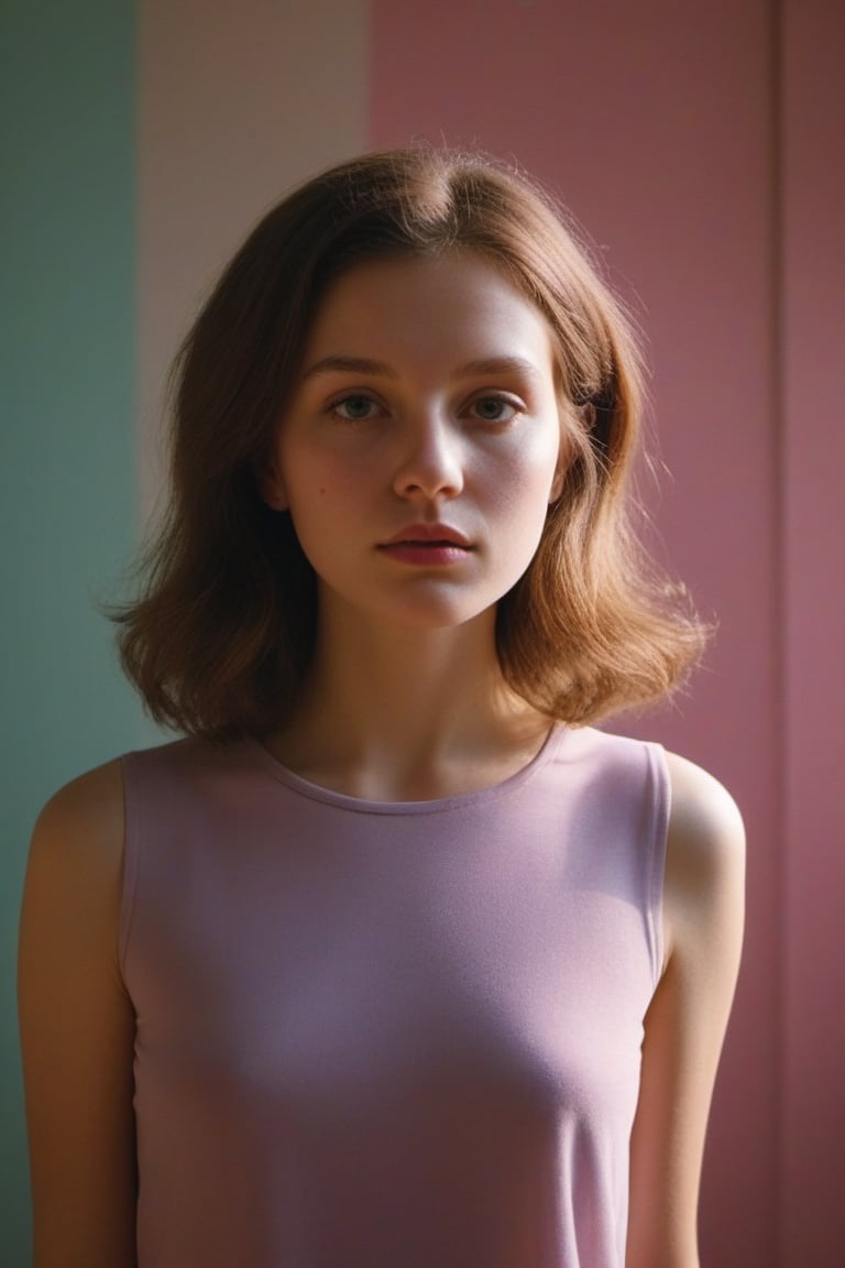 (((Iconic girl extremely beautiful)))
(((delicate interplay of light and shadow, artistic expression, emotional resonance, symmetry)))
(((1980s age style)))
(((Vivid light colors background)))
(((View zoom,view detailed)))
(((by Wes Anderson style))),cinematic style