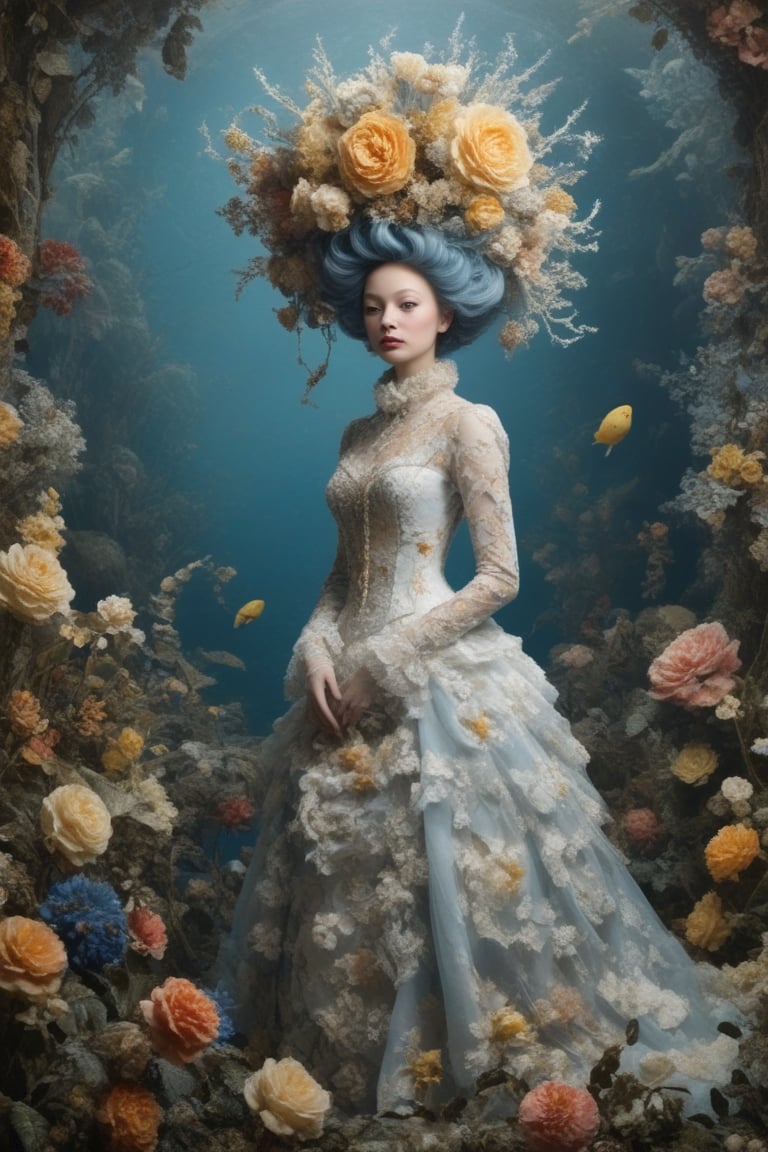 Extremely Realistic,Create a world with the next element * Glass sponge and coral Pocillopora pulchella for organic, flowing textures
* Marie-Antoinette details, gathers, beehives, ball gathering for volume and romance
* Crinoline, smocks, pin tucks for structure and architecture
* English pavilions for neoclassical references
* Belle Époque winter garden for retro inspiration
* Hans Bellmer-style surrealism and Donyale Luna mannequin for onirism
* Balata Garden and Martinique corals for tropical inspiration
* Gabrielle Chanel and diva singers for timeless elegance
* Short" for a contemporary twist white and blue rose and old yellow rose embroidery on tulle . Extremely Realistic, photo r3al,make_3d, cinematic moviemaker style,dripping paint