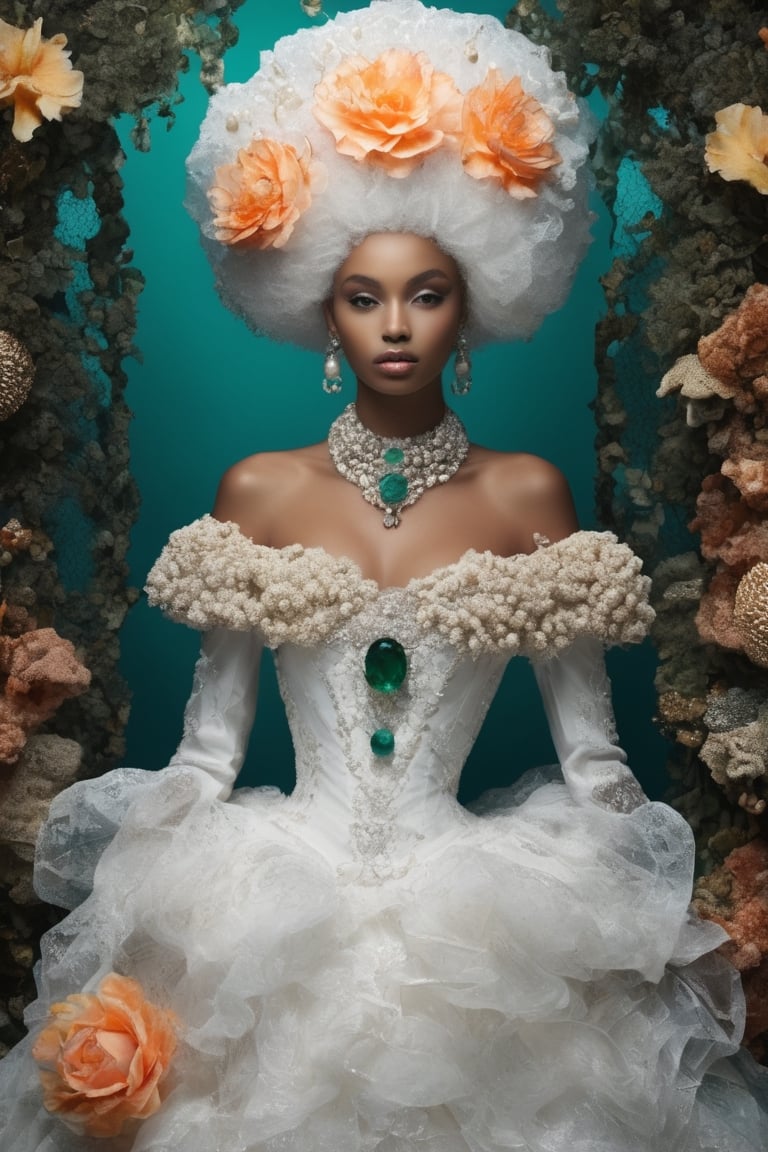 Extremely Realistic,Create a world with the next element * Glass sponge and coral Pocillopora pulchella for organic, flowing textures 
* extremely detailed Realistic silver, pearls white, emerald 
*view from above, centered, half body shot, natural light
* Marie-Antoinette details, gathers, beehives, ball gathering for volume and romance
* Crinoline, smocks, pin tucks for structure and architecture
* English pavilions for neoclassical references
* Belle Époque winter garden for retro inspiration
* Hans Bellmer-style surrealism and Donyale Luna mannequin for onirism
* Balata Garden and Martinique corals for tropical inspiration
* Gabrielle Chanel and diva singers for timeless elegance
* Short" for a contemporary twist white and blue rose and old yellow rose embroidery on tulle . Extremely Realistic, photo r3al,make_3d, cinematic moviemaker style,dripping paint,abstact