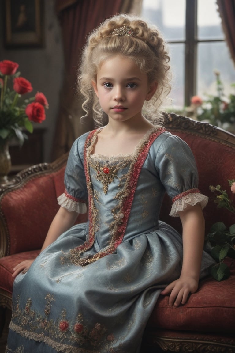 portrait of little_girl 10-year-old Nórdic,((( Wearing luxury sack-back gown, detailed and opulent description of a aristocrat's sack-back gown in Rococo style, emphasizing luxurious fabrics, intricate embroidery, and ornate accessories,)))
,rainbow light hair,  blonde short curly hair, Sexy,sitting open_legs on worn old black leather sofa near a window,old and worn red furniture ,view front,flowers, plants, roses,view from above,  centered,full body shot,  natural light from a window,raw,iso. 800,50mm films,high detailed skin,detailed face,detailed eyes,detailed skin,acne,pores, detailmaster2,photo r3al,  moviemaker style