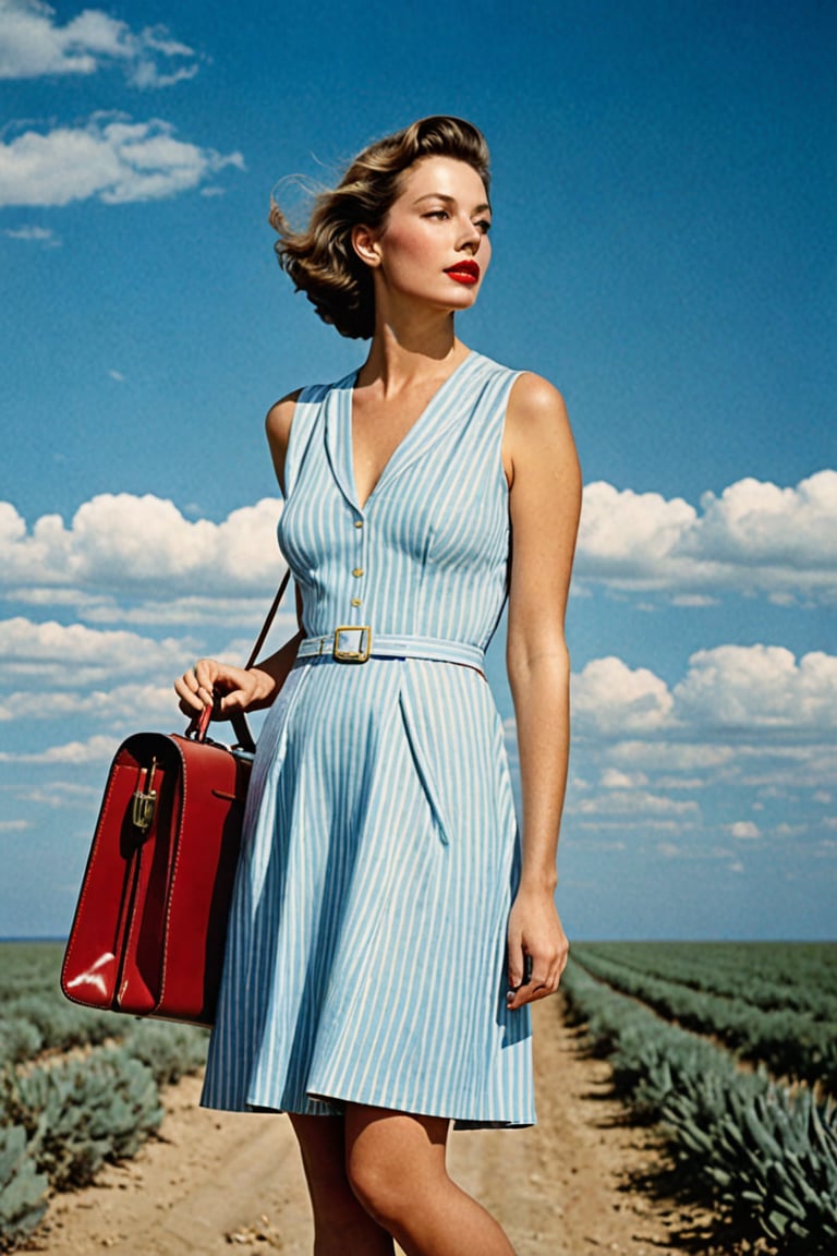 (((Iconic extremely beautiful)))
(((The image depicts a woman against a solid blue sky. Her attire and pose suggest a mid-20th-century fashion influence, while the use of color and shadowing techniques give it a modern, stylized feel,She is holding a small vintage red briefcase with both hands in front of her, wearing a short light blue dress with white horizontal stripes from the 60's)))
(((Beautiful Gorgeous,
voluptuous))) 
(((Chiaroscuro light colors background)))
(((wista perfil)))
(((masterpiece,minimalist,epic, hyperrealistic,photorealistic))) 
(((By Annie Leibovitz style,by Wes Anderson style)))