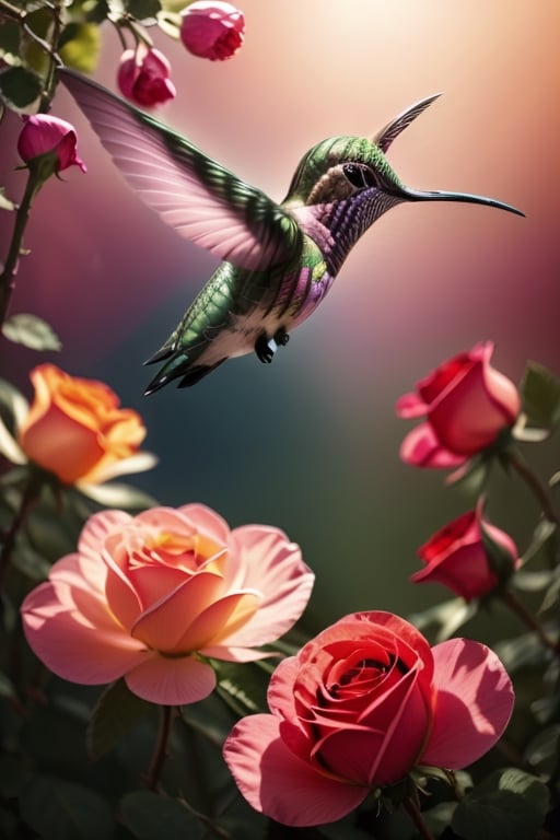 (best quality, highres, ultra-detailed), red roses ,pastel colors,soft shadows,blooming petals,delicate stems,fresh and vibrant,botanical inspiration,dreamy atmosphere,artistic details,nature-inspired,fine lines,detailed texture,garden beauty(((A (flying :1.2) humming bird in the air))),photorealistic,leonardo