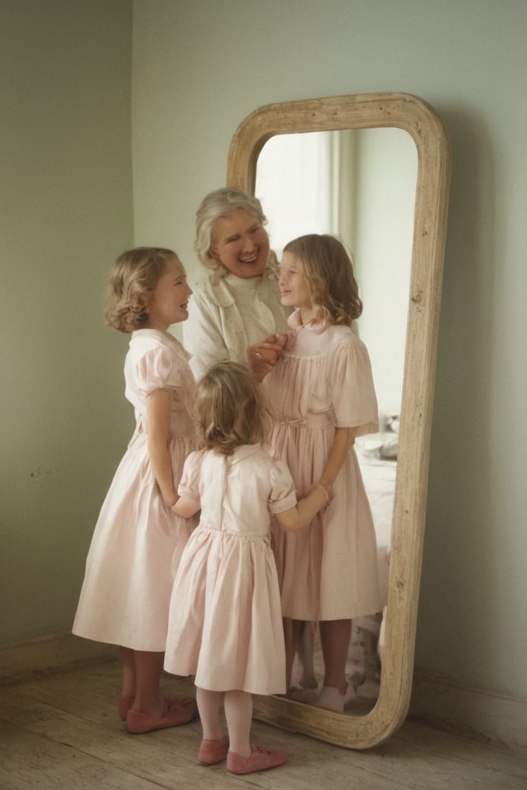 ((( 1950s age style)))grandmother and little girls 
(((gorgeous nordic looking in a mirror, in a large room)))
(((Wide angle,full body shot)))
(((retro environment,melancholic tone,charming light,dramatic contrast between light and dark,pastel colors:1.2)))
(((hasselblad 70mm camera films))) 
(((beautiful smile, open mouth, happy, laughter)))
(((white wavy hair)))
((( bob_curt hair, short hair)))
(((dappled sunlight,elegant,
the theme of rainbow,cinematic lighting,rainbow like radiance,rich emotional)))
cinematic moviemaker style,dripping paint