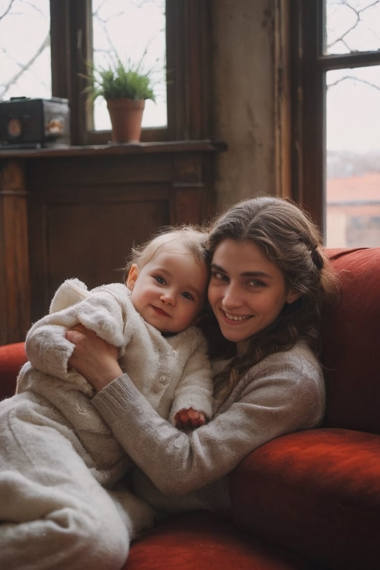 Photography of                             17 year old Jewish girl with her 
Little baby  in her arms,gold,sapphire, white marble,                                              in a room near the window, lying on an old and worn red leather sofa                                                       surrounded by a mysterious, warm and pleasant halo of light, beautiful                                                dutch_angle,beautiful smile, looking at the camera, facing camera                                                                                    
 Dressed in the same way as the virgin, with a cloak on his head                                             view from above                           full body shot
hi_resolution, highres realistic, Masterpiece, 8k, best quality, (ultra-detailed),photorealisti  detailed eyes,  detailed face,  hi_resolution, highres realistic, Masterpiece, 8k, best quality, (ultra-detailed), (intricate details)photorealisti,raw phot,detailed skin and acne. natural light,film 50mm prime lens,(8k, RAW photo, highest quality), (ultra-detailed )  photorealistic,  Real, detailmaster2,photo r3al,more detail XL,aw0k euphoric style,Wonder of Beauty