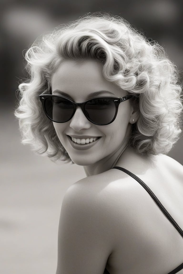 (((Iconic illustration 1950s age style but extremely beautiful)))
(((blonde curly hair shot,beautiful smile,swimsuit, sunglasses)))
(((Chiaroscuro Solid colors background)))
(((masterpiece,minimalist,epic,
hyperrealistic,photorealistic)))
(((view profile,view detailed,
dutch_angle)))
(((Monochrome vivid solid colors)))(((Annie Leibovitz style, by Diane Arbus style))),srh_ttz