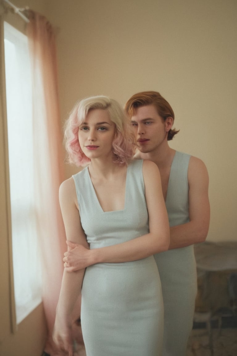 ((( 1950s age style)))(((1 girl and 1 boy)))
(((gorgeous nordic looking in a mirror, in a large room)))
(((Wide angle,full body shot)))
(((retro environment,melancholic tone,charming light,dramatic contrast between light and dark,pastel colors:1.2)))
(((hasselblad 70mm camera films))) 
(((beautiful smile, open mouth, happy, laughter)))
(((white wavy hair)))
((( bob_curt hair, short hair)))
(((dappled sunlight,elegant,
the theme of rainbow,cinematic lighting,rainbow like radiance,rich emotional)))
cinematic moviemaker style,dripping paint