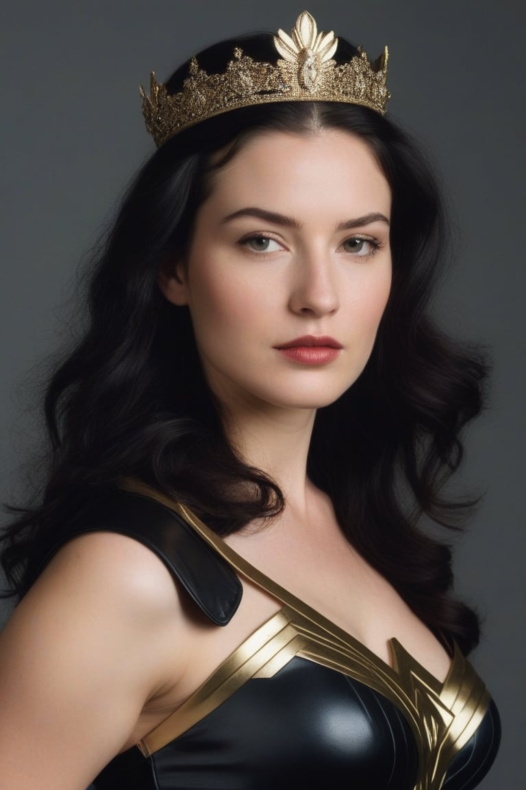 (((Iconic 1940s age style but extremely beautiful))) 
(((black long straight hair 40s age style)))
(((with matte black short-sleeved t-shirt, golden tiara, leather and silver Amazon warrior costume, [Wonder woman] serious expression, severe but calm)))
(((Pale skin and freckles, gorgeous and Voluptuous))) (((Chiaroscuro, soft light background))) 
(((female action poses))) (((masterpiece,minimalist, hyperrealistic,photorealistic))) (((view zoom,close-up,focal upper torso))) 
(((By Annie Leibovitz style,by Rembrandt style)))