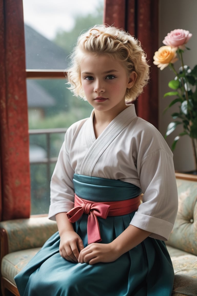 portrait of (((little girl 11-year-old Nórdic))) 1950s style, rainbow light hair,(((blonde short curly hair,(50s age style),high detailed hair)))(((detailed full hakama samurai katanas))) sofa near a window  furniture,view front,flowers, plants, roses,view from above,  centered,full body shot,  natural light from a window,raw,iso. 800,50mm films,high detailed skin,detailed face,detailed eyes,detailed skin,acne,pores, detailmaster2,photo r3al,  moviemaker style