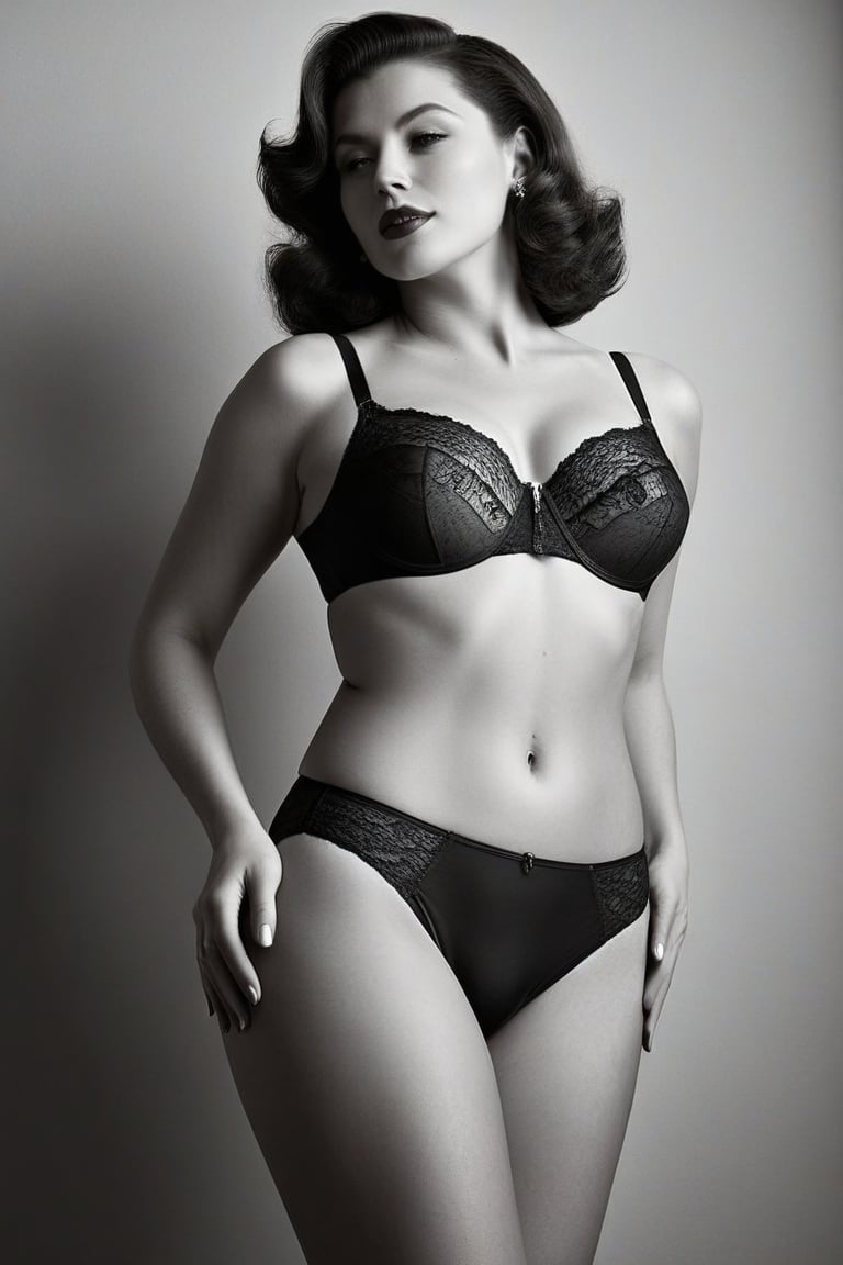 (((Iconic but extremely beautiful)))
(((1950s woman with classic lace underwear black colors)))
(((theme of hapiness)))
(((Gorgeous, voluptuous, sexy)))
(((Chiaroscuro light Solid colors background)))
(((masterpiece,minimalist,epic,
hyperrealistic,photorealistic)))
(((view profile,view detailed )))
(((Monochrome solid colors)))(((Annie Leibovitz style)))