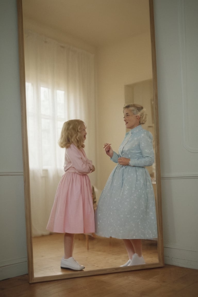 ((( 1950s age style)))grandmother and little girl
(((gorgeous nordic looking in a mirror, in a large room)))
(((Wide angle,full body shot)))
(((retro environment,melancholic tone,charming light,dramatic contrast between light and dark,pastel colors:1.2)))
(((hasselblad 70mm camera films))) 
(((beautiful smile, open mouth, happy, laughter)))
(((white wavy hair)))
((( bob_curt hair, short hair)))
(((dappled sunlight,elegant,
the theme of rainbow,cinematic lighting,rainbow like radiance,rich emotional)))
cinematic moviemaker style,dripping paint