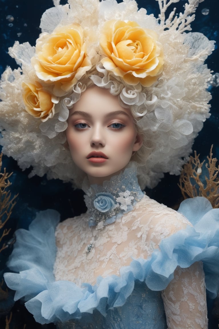 Extremely Realistic,Create a world with the next element * Glass sponge and coral Pocillopora pulchella for organic, flowing textures 
* extremely detailed Realistic mirrod
*view from above, centered, half body shot, natural light
* Marie-Antoinette details, gathers, beehives, ball gathering for volume and romance
* Crinoline, smocks, pin tucks for structure and architecture
* English pavilions for neoclassical references
* Belle Époque winter garden for retro inspiration
* Hans Bellmer-style surrealism and Donyale Luna mannequin for onirism
* Balata Garden and Martinique corals for tropical inspiration
* Gabrielle Chanel and diva singers for timeless elegance
* Short" for a contemporary twist white and blue rose and old yellow rose embroidery on tulle . Extremely Realistic, photo r3al,make_3d, cinematic moviemaker style,dripping paint,abstact