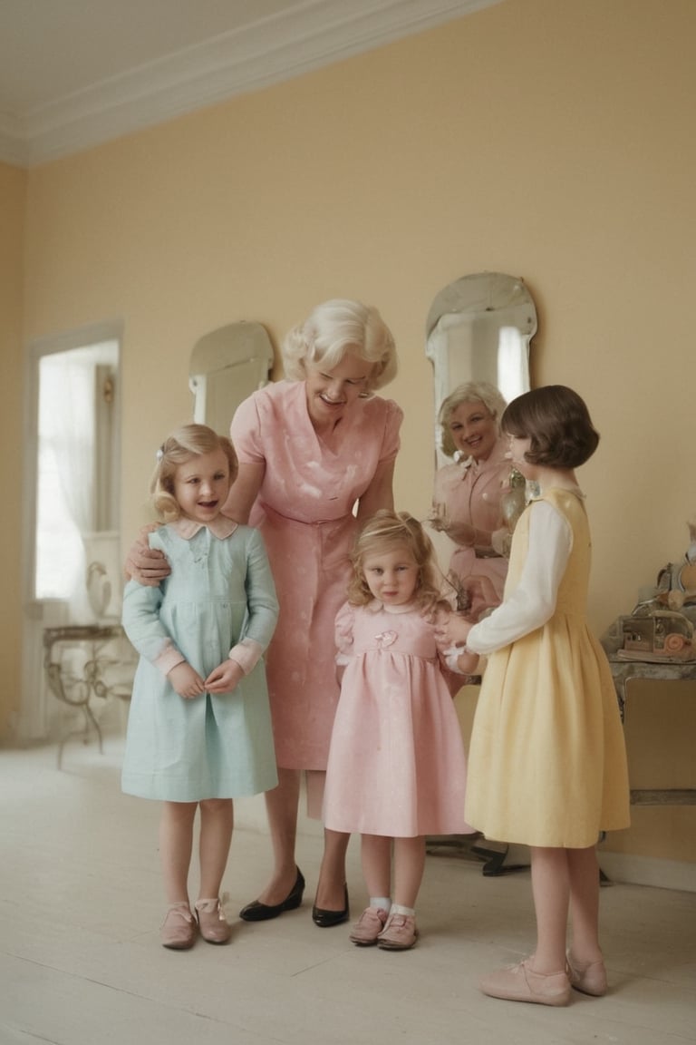 ((( 1950s age style)))grandmother and little girls 
(((gorgeous nordic looking in a mirror, in a large room)))
(((Wide angle,full body shot)))
(((retro environment,melancholic tone,charming light,dramatic contrast between light and dark,pastel colors:1.2)))
(((hasselblad 70mm camera films))) 
(((beautiful smile, open mouth, happy, laughter)))
(((white wavy hair)))
((( bob_curt hair, short hair)))
(((dappled sunlight,elegant,
the theme of rainbow,cinematic lighting,rainbow like radiance,rich emotional)))
cinematic moviemaker style,dripping paint