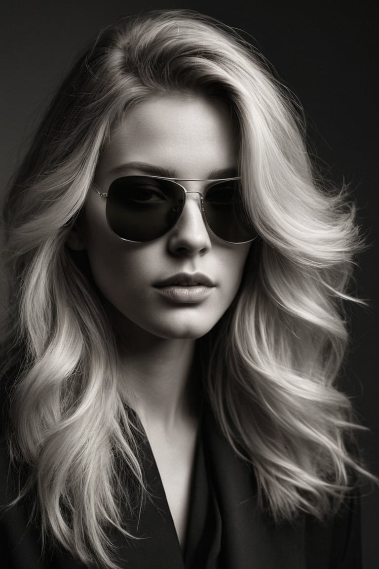 (((Iconic illustration 1980s age style but extremely beautiful)))
(((blonde hair with sunglasses)))
(((Chiaroscuro Solid colors background)))
(((masterpiece,minimalist,epic,
hyperrealistic,photorealistic)))
(((view profile,view detailed )))
(((Monochrome solid colors)))(((Annie Leibovitz style)))