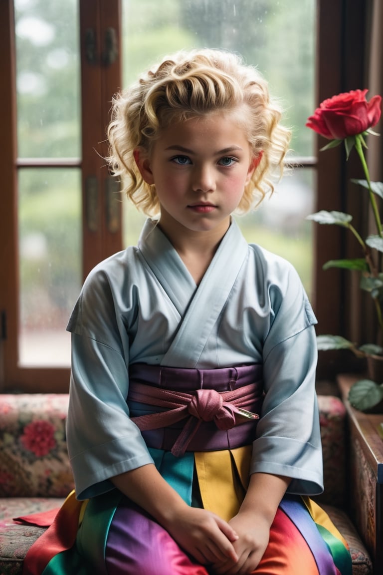 portrait of (((little girl 11-year-old Nórdic))) 1950s style, rainbow light hair,(((blonde short curly hair,(50s age style),high detailed hair)))(((detailed full hakama samurai with katanas))) sofa near a window  furniture,view front,flowers, plants, roses,view from above,  centered,full body shot,  natural light from a window,raw,iso. 800,50mm films,high detailed skin,detailed face,detailed eyes,detailed skin,acne,pores, detailmaster2,photo r3al,  moviemaker style