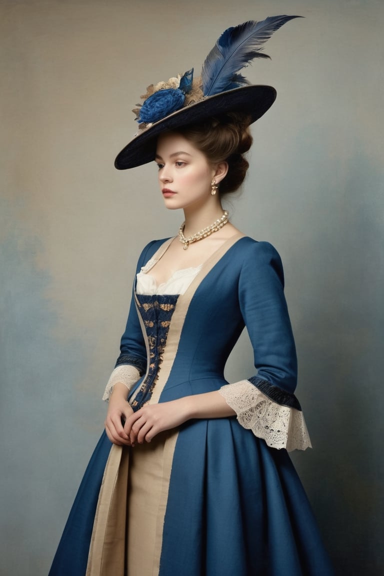 (((iconic but extremely beautiful)))
(((clothing canvases/cloths and mixed fabrics)))
(((blue,Beige,gray)))
(((simple background)))
(((1880s age style,with accessories)))
(((intricate details, masterpiece, best quality, photorealistic, minimalist)))
(((dynamic pose, looking at viewer,profile view, full body view)))(((by Rembrandt style, by Stanley Kubrick style)))