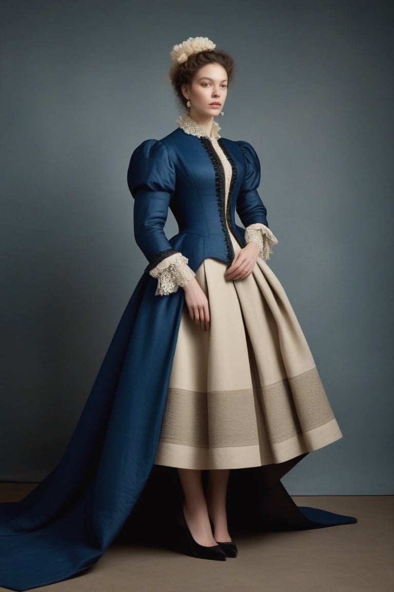 (((iconic but extremely beautiful)))
(((clothing canvases/cloths and mixed fabrics)))
(((blue,Beige,gray)))
(((simple background)))
(((1880s age style,with accessories)))
(((intricate details, masterpiece, best quality, photorealistic, minimalist)))
(((dynamic pose, looking at viewer,profile view, full body view)))(((by Rembrandt style, by Stanley Kubrick style)))