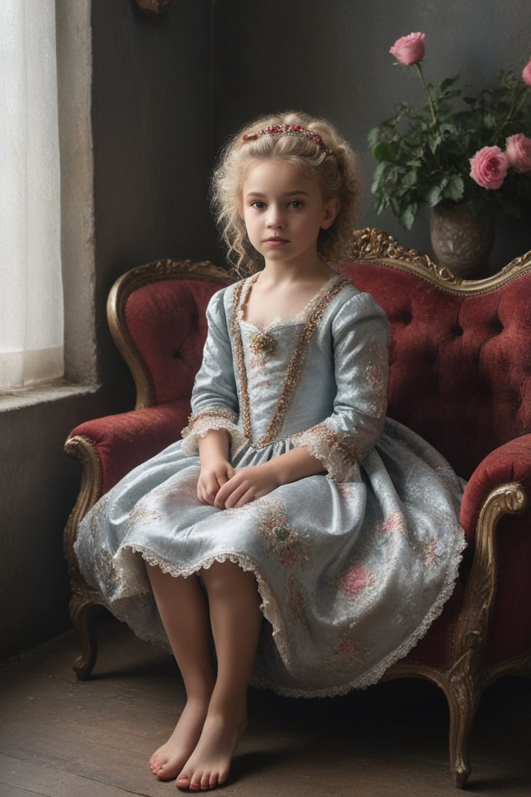 portrait of little_girl 10-year-old Nórdic,((( Wearing luxury sack-back gown, detailed and opulent description of a aristocrat's sack-back gown in Rococo style, emphasizing luxurious fabrics, intricate embroidery, and ornate accessories,)))
,rainbow light hair,  blonde short curly hair, Sexy,sitting open_legs on worn old black leather sofa near a window,old and worn red furniture ,view front,flowers, plants, roses,view from above,  centered,full body shot,  natural light from a window,raw,iso. 800,50mm films,high detailed skin,detailed face,detailed eyes,detailed skin,acne,pores, detailmaster2,photo r3al,  moviemaker style