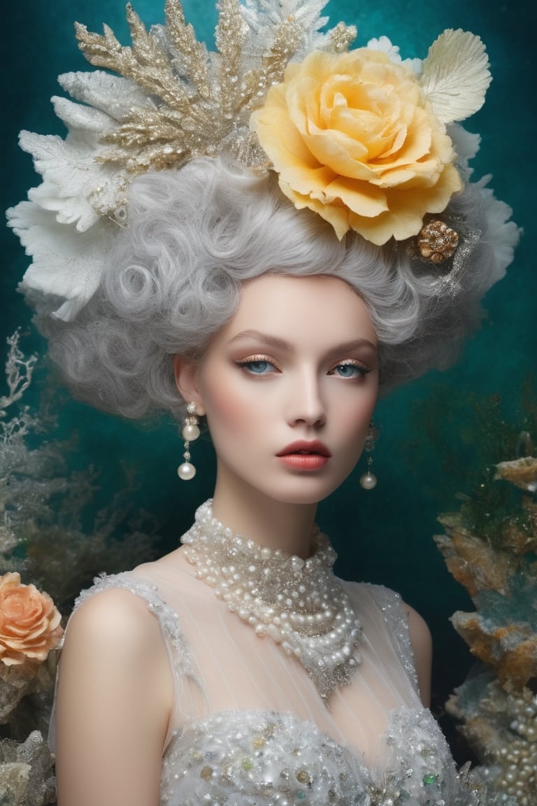 Extremely Realistic,Create a world with the next element * Glass sponge and coral Pocillopora pulchella for organic, flowing textures 
* extremely detailed Realistic silver, pearls white, emerald 
*view from above, centered, half body shot, natural light
* Marie-Antoinette details, gathers, beehives, ball gathering for volume and romance
* Crinoline, smocks, pin tucks for structure and architecture
* English pavilions for neoclassical references
* Belle Époque winter garden for retro inspiration
* Hans Bellmer-style surrealism and Donyale Luna mannequin for onirism
* Balata Garden and Martinique corals for tropical inspiration
* Gabrielle Chanel and diva singers for timeless elegance
* Short" for a contemporary twist white and blue rose and old yellow rose embroidery on tulle . Extremely Realistic, photo r3al,make_3d, cinematic moviemaker style,dripping paint,abstact