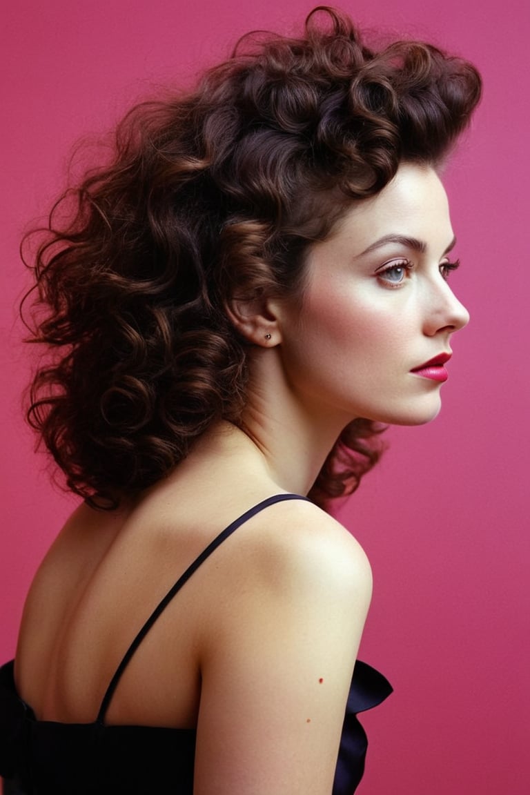 (((Iconic 1950s age style but extremely beautiful)))
(((messy curly hair long)))
(((Chiaroscuro bright Solid colors background)))
(((masterpiece,minimalist,epic,
hyperrealistic,photorealistic)))
(((view profile,view detailed,
dutch_angle)))
(((Monochrome pink solid colors)))
(((Annie Leibovitz style, by Diane Arbus style)))