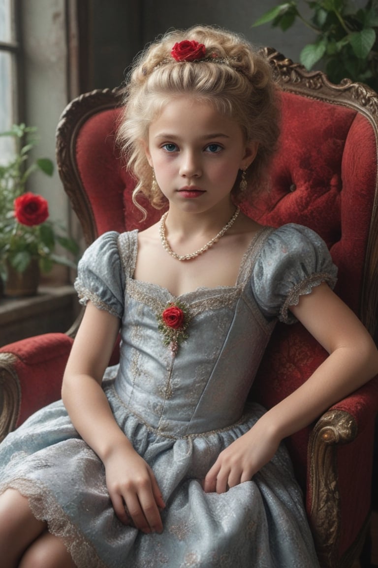 portrait of little_girl 10-year-old Nórdic,((( Wearing luxury sack-back gown, detailed and opulent description of a aristocrat's sack-back gown in Rococo style, emphasizing luxurious fabrics, intricate embroidery, and ornate accessories,)))
,rainbow light hair,  blonde short curly hair, Sexy,sitting open_legs on worn old black leather sofa near a window,old and worn red furniture ,view front,flowers, plants, roses,view from above,  centered,full body shot,  natural light from a window,raw,iso. 800,50mm films,high detailed skin,detailed face,detailed eyes,detailed skin,acne,pores, detailmaster2,photo r3al,  moviemaker style