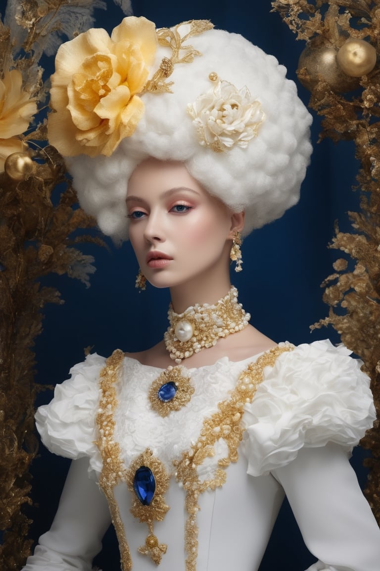 Extremely Realistic,Create a world with the next element * Glass sponge and coral Pocillopora pulchella for organic, flowing textures 
* extremely detailed Realistic gold, sapphire, pearls white, 
*view from above, centered, half body shot, natural light
* Marie-Antoinette details, gathers, beehives, ball gathering for volume and romance
* Crinoline, smocks, pin tucks for structure and architecture
* English pavilions for neoclassical references
* Belle Époque winter garden for retro inspiration
* Hans Bellmer-style surrealism and Donyale Luna mannequin for onirism
* Balata Garden and Martinique corals for tropical inspiration
* Gabrielle Chanel and diva singers for timeless elegance
* Short" for a contemporary twist white and blue rose and old yellow rose embroidery on tulle . Extremely Realistic, photo r3al,make_3d, cinematic moviemaker style,dripping paint,abstact