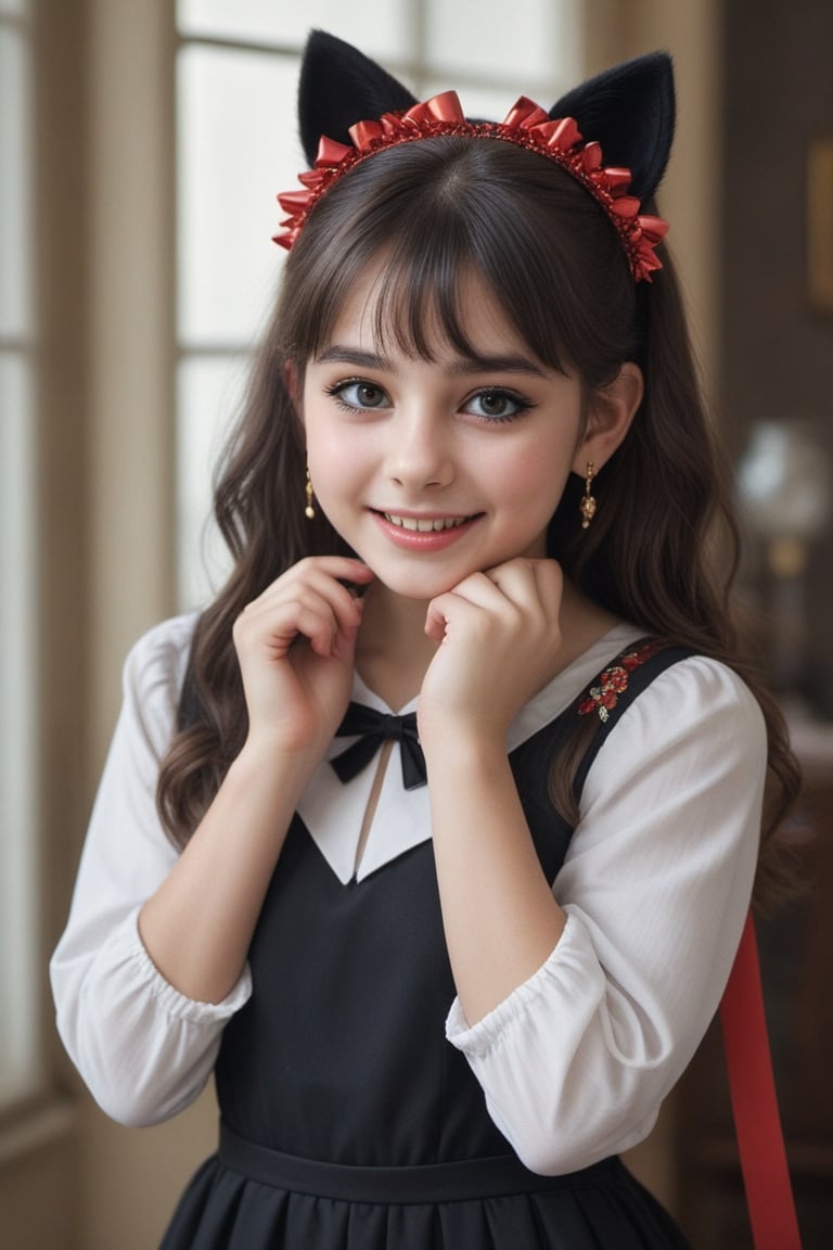 Teenager 14-year-old Nórdic, perlas white, very beautiful smile, long hair, looking at viewer, bangs, black hair, long sleeves,detailed dress, bow, ribbon, animal ears, jewelry, upper body, ponytail, hair bow, earrings, indoors, cat ears, hand up, black eyes, black dress, lips, black ribbon, black bow, realistic, nose,(((gold, sapphire, ruby, Mármol white, )))masterpiece, hyperdetailed photography, hyper-realistic, Kodak Ektar camera, detailed skin pores acne, detailed hands, detailed anatomy, detailed face, detailed eyes, detailed mouth,,photo r3al, cinematic moviemaker style, 85mm cámara, 