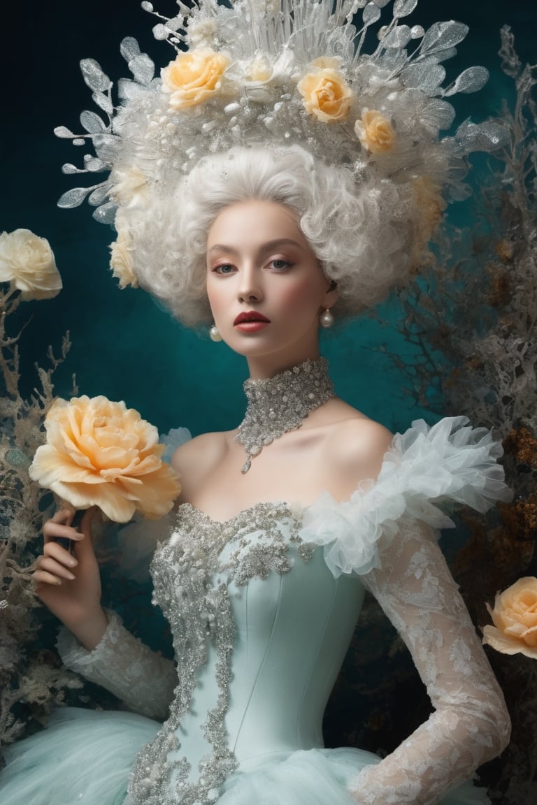 Extremely Realistic,Create a world with the next element * Glass sponge and coral Pocillopora pulchella for organic, flowing textures 
* extremely detailed Realistic silver, pearls white, emerald 
*view from above, centered, half body shot, natural light
* Marie-Antoinette details, gathers, beehives, ball gathering for volume and romance
* Crinoline, smocks, pin tucks for structure and architecture
* English pavilions for neoclassical references
* Belle Époque winter garden for retro inspiration
* Hans Bellmer-style surrealism and Donyale Luna mannequin for onirism
* Balata Garden and Martinique corals for tropical inspiration
* Gabrielle Chanel and diva singers for timeless elegance
* Short" for a contemporary twist white and blue rose and old yellow rose embroidery on tulle . Extremely Realistic, photo r3al,make_3d, cinematic moviemaker style,dripping paint,abstact