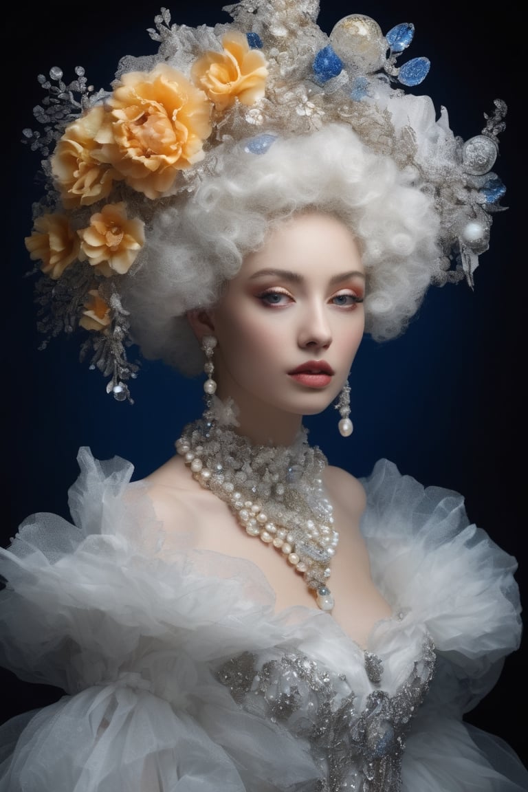 Extremely Realistic,Create a world with the next element * Glass sponge and coral Pocillopora pulchella for organic, flowing textures 
* extremely detailed Realistic silver, sapphire, pearls white, 
*view from above, centered, half body shot, natural light
* Marie-Antoinette details, gathers, beehives, ball gathering for volume and romance
* Crinoline, smocks, pin tucks for structure and architecture
* English pavilions for neoclassical references
* Belle Époque winter garden for retro inspiration
* Hans Bellmer-style surrealism and Donyale Luna mannequin for onirism
* Balata Garden and Martinique corals for tropical inspiration
* Gabrielle Chanel and diva singers for timeless elegance
* Short" for a contemporary twist white and blue rose and old yellow rose embroidery on tulle . Extremely Realistic, photo r3al,make_3d, cinematic moviemaker style,dripping paint,abstact