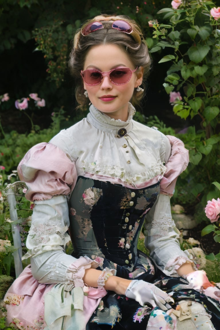 The painting of mature woman 50-year-old sitting in a garden with((( delicate little pink sunglasses))) smiling with a doll looking at the camera who is elegantly dressed in a high-collared,  long-sleeved,  and floor-length gown,  which exemplifies the late Victorian fashion. The dress is crafted from rich,  dark-colored fabric,  possibly velvet,  and is characterized by its simplicity and clean lines. A small,  high collar frames her face. The bodice is buttoned up the front,  and its shape accentuates her slender waist. A narrow sash cinches the waist,  creating a subtle hourglass figure. The sleeves are snugly fitted at the shoulders and taper down to the wrists,  reflecting the tailored look of the era. The cuffs of the sleeves are adorned with small decorative buttons. The skirt of the gown falls gracefully to the floor,  with a slight train at the back. It is designed to flow smoothly from the waist,  creating a straight,  elongated line down to the ground. Her complexion is pale and flawless,  following the Victorian preference for porcelain-like skin. She uses a light foundation or powder to achieve this look. Her cheeks are lightly flushed with a subtle hint of rosy pink blush,  delicately applied to the apples of her cheeks. The eyes are enhanced with a soft and natural look. Eyebrows are elegantly shaped with a slight arch and are filled in gently. Eyeshadow in neutral shades enhances her eyelids,  and mascara defines her lashes. Her lips are tinted with a natural,  muted color,  possibly a soft shade of pink or rose. Lip balm is applied to keep her lips smooth and moisturized. In a style of Claude Monet, AIDA_LoRA_LauraB, more detail XL, photo r3al,,
,more detail XL,photo r3al