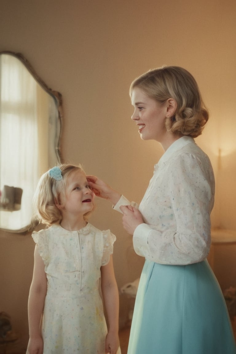 ((( 1950s age style)))woman and little girl
(((gorgeous nordic looking in a mirror, in a large room)))
(((Wide angle,full body shot)))
(((retro environment,melancholic tone,charming light,dramatic contrast between light and dark,pastel colors:1.2)))
(((hasselblad 70mm camera films))) 
(((beautiful smile, open mouth, happy, laughter)))
(((white wavy hair)))
((( bob_curt hair, short hair)))
(((dappled sunlight,elegant,
the theme of rainbow,cinematic lighting,rainbow like radiance,rich emotional)))
cinematic moviemaker style,dripping paint