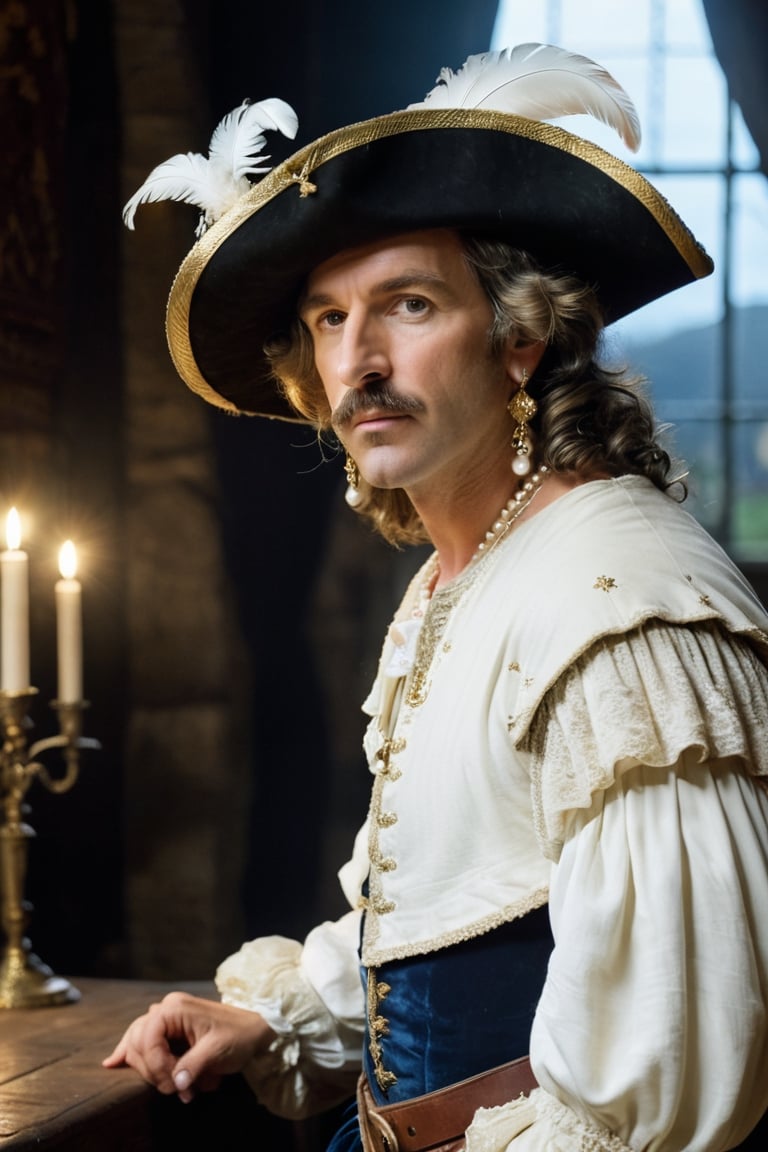 (((Mature man French)))
(((huge and pointed nose, nose deformed,huge proportions,súper_big,Bigget_nose)))
(((Cyrano de Bergerac,Play by Edmond Rostand elegant)))(((medieval castle interior big room in darkness, dressed 1700s age style, white lace and embroidery ,sword, wide-brimmed leather hat, feathers, haughty position, show off)))
(((at night,natural light from window)))
(((gold earrings,pearls white,sapphire)))
((( standing, messy hair styles,wearing  medieval outfit,1700's age style)))
(((hasselblad 70mm camera films)))
(((Ultra realistic, masterpiece, high resolution, best quality , photo realistic,full body shot))), 
cinematic moviemaker style,dripping paint,abstact