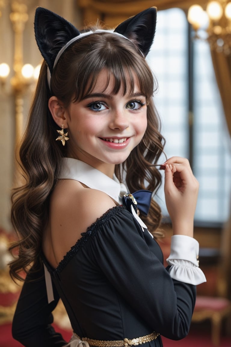 Teenager 14-year-old Nórdic, perlas white, very beautiful smile, long hair, looking at viewer, bangs, black hair, long sleeves,detailed dress, bow, ribbon, animal ears, jewelry, upper body, ponytail, hair bow, earrings, indoors, cat ears, hand up, black eyes, black dress, lips, black ribbon, black bow, realistic, nose,(((gold, sapphire, ruby, Mármol white, )))masterpiece, hyperdetailed photography, hyper-realistic, Kodak Ektar camera, detailed skin pores acne, detailed hands, detailed anatomy, detailed face, detailed eyes, detailed mouth,,photo r3al, cinematic moviemaker style, 85mm cámara, 