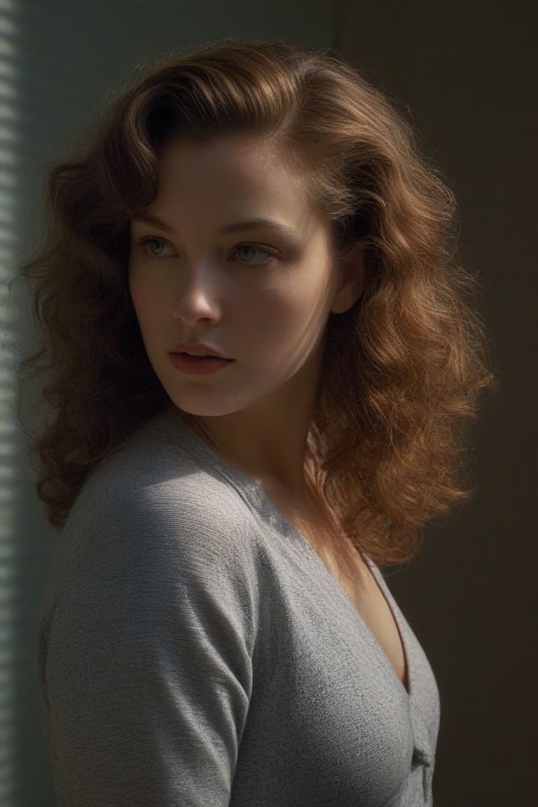 (((Iconic girl lighting but extremely beautiful)))
(((1940s age style)))
(((shadows of blinds on the face)))
(((large hair curly)))
(((Chiaroscuro light full colors background)))
(((masterpiece,minimalist,epic,
hyperrealistic,photorealistic)))
(((view profile,view detailed,
dutch_angle)))
(((Annie Leibovitz style, by Michael Curtiz style)))