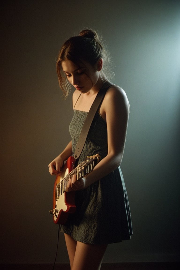 (((Iconic girl extremely beautiful)))
(((playing electric guitar)))
(((moody atmosphere, ethereal glow, delicate interplay of light and shadow, captivating gaze, artistic expression, emotional resonance)))
(((Chiaroscuro vivid colors background)))
(((View zoom,view detailed, dutch_angle)))
(((by Annie Leibovitz style, byDiane Arbus style)))