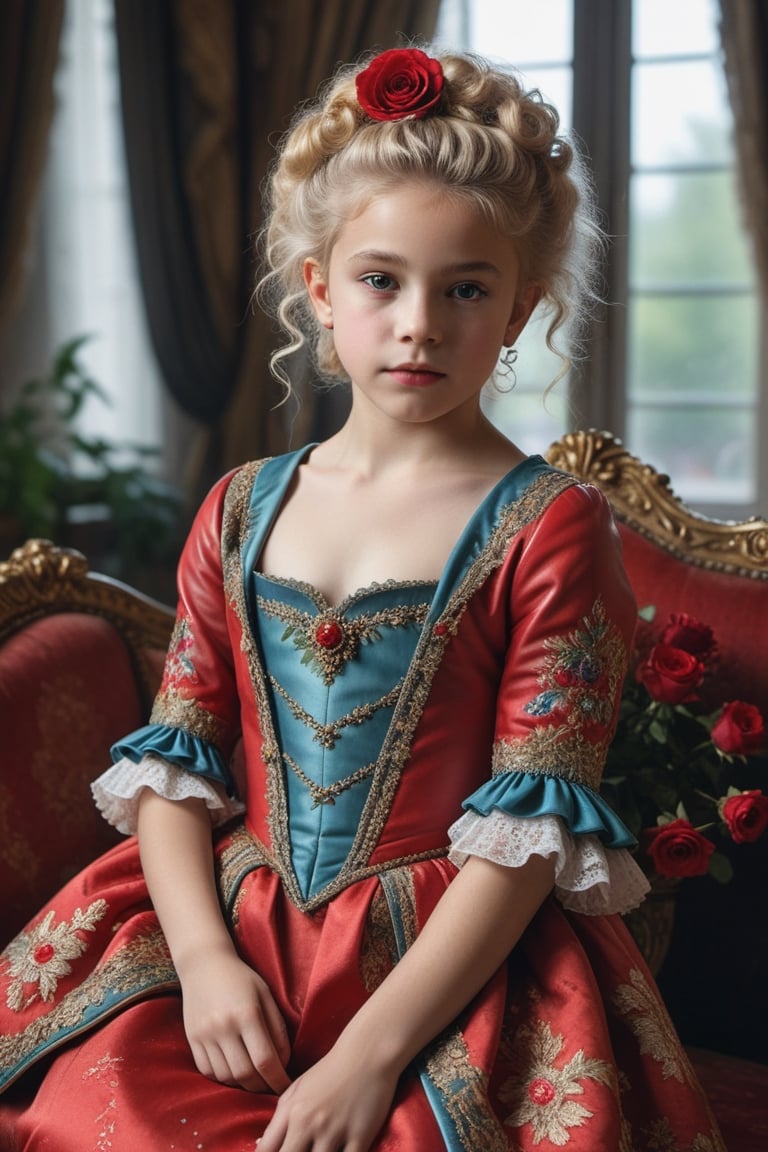 portrait of little_girl 12-year-old Nórdic,((( Wearing luxury sack-back gown, detailed and opulent description of a aristocrat's sack-back gown in Rococo style, emphasizing luxurious fabrics, intricate embroidery, and ornate accessories,)))
,rainbow light hair,  blonde short curly hair, Sexy,sitting open_legs on worn old black leather sofa near a window,old and worn red furniture ,view front,flowers, plants, roses,view from above,  centered,full body shot,  natural light from a window,raw,iso. 800,50mm films,high detailed skin,detailed face,detailed eyes,detailed skin,acne,pores, detailmaster2,photo r3al,  moviemaker style