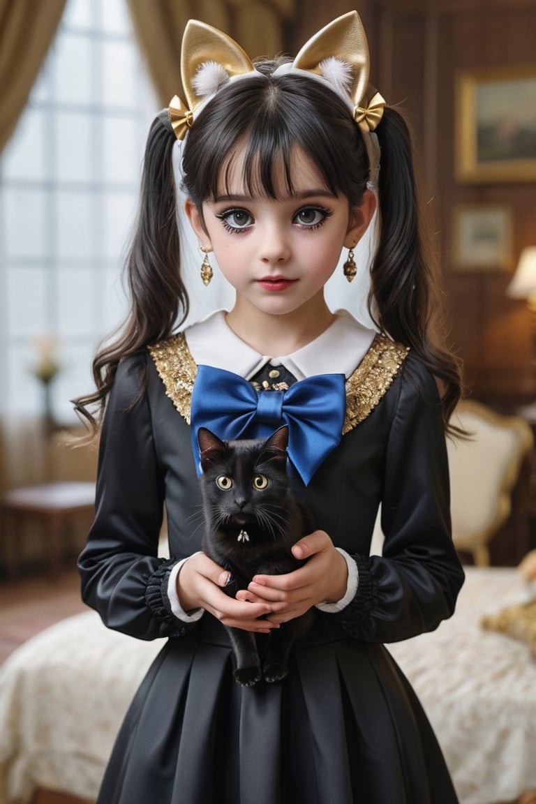 Teenager 12-year-old, long hair, looking at viewer, bangs, black hair, long sleeves,detailed dress, bow, ribbon, animal ears, jewelry, upper body, ponytail, hair bow, earrings, indoors, cat ears, hand up, black eyes, black dress, lips, black ribbon, black bow, realistic, nose,(((gold, sapphire, ruby, Mármol white, )))masterpiece, hyperdetailed photography, hyper-realistic, Kodak Ektar camera, detailed skin pores acne, detailed hands, detailed anatomy, detailed face, detailed eyes, detailed mouth,,photo r3al, cinematic moviemaker style, 85mm cámara, 