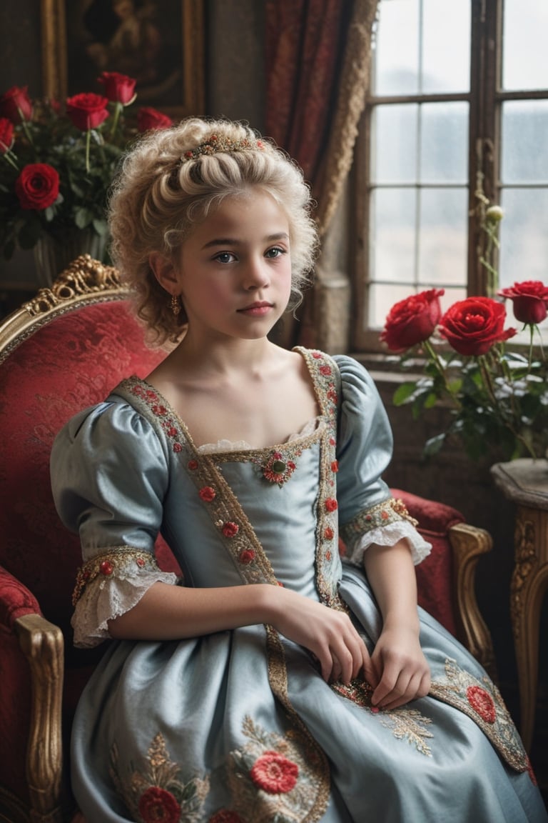 portrait of little_girl 12-year-old Nórdic,((( Wearing luxury sack-back gown, detailed and opulent description of a aristocrat's sack-back gown in Rococo style, emphasizing luxurious fabrics, intricate embroidery, and ornate accessories,)))
,rainbow light hair,  blonde short curly hair, Sexy,sitting open_legs on worn old black leather sofa near a window,old and worn red furniture ,view front,flowers, plants, roses,view from above,  centered,full body shot,  natural light from a window,raw,iso. 800,50mm films,high detailed skin,detailed face,detailed eyes,detailed skin,acne,pores, detailmaster2,photo r3al,  moviemaker style