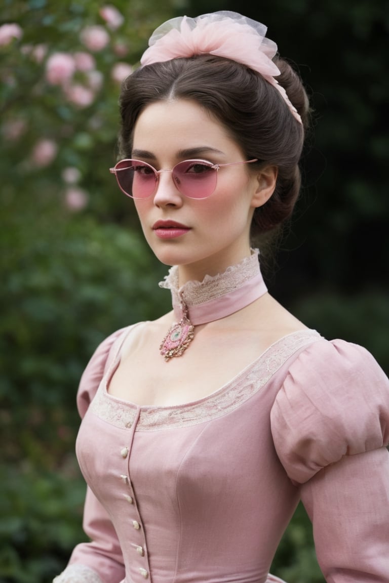 The painting of a woman 50-year-old sitting in a garden with((( delicate little pink sunglasses)))who is elegantly dressed in a high-collared,  long-sleeved,  and floor-length gown,  which exemplifies the late Victorian fashion. The dress is crafted from rich,  dark-colored fabric,  possibly velvet,  and is characterized by its simplicity and clean lines. A small,  high collar frames her face. The bodice is buttoned up the front,  and its shape accentuates her slender waist. A narrow sash cinches the waist,  creating a subtle hourglass figure. The sleeves are snugly fitted at the shoulders and taper down to the wrists,  reflecting the tailored look of the era. The cuffs of the sleeves are adorned with small decorative buttons. The skirt of the gown falls gracefully to the floor,  with a slight train at the back. It is designed to flow smoothly from the waist,  creating a straight,  elongated line down to the ground. Her complexion is pale and flawless,  following the Victorian preference for porcelain-like skin. She uses a light foundation or powder to achieve this look. Her cheeks are lightly flushed with a subtle hint of rosy pink blush,  delicately applied to the apples of her cheeks. The eyes are enhanced with a soft and natural look. Eyebrows are elegantly shaped with a slight arch and are filled in gently. Eyeshadow in neutral shades enhances her eyelids,  and mascara defines her lashes. Her lips are tinted with a natural,  muted color,  possibly a soft shade of pink or rose. Lip balm is applied to keep her lips smooth and moisturized. In a style of Claude Monet, AIDA_LoRA_LauraB, more detail XL, photo r3al,,
,more detail XL,photo r3al