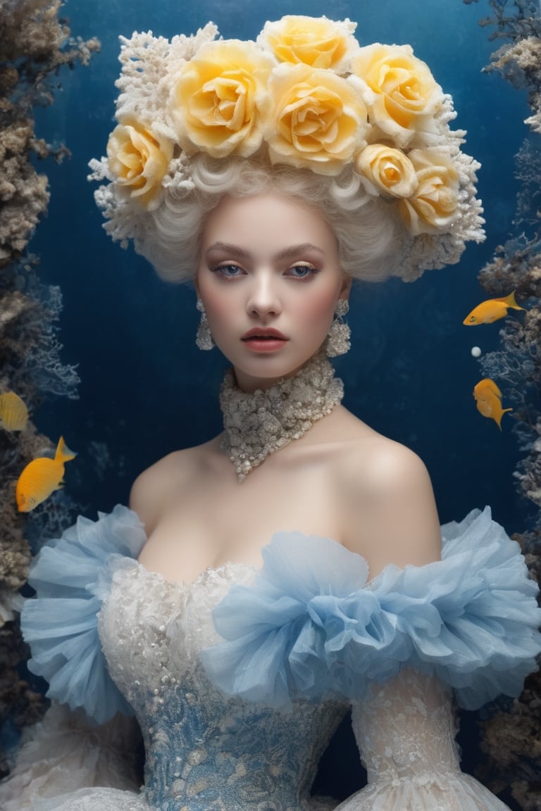 Extremely Realistic,Create a world with the next element * Glass sponge and coral Pocillopora pulchella for organic, flowing textures 
* extremely detailed Realistic mirrod
*view from above, centered, half body shot, natural light
* Marie-Antoinette details, gathers, beehives, ball gathering for volume and romance
* Crinoline, smocks, pin tucks for structure and architecture
* English pavilions for neoclassical references
* Belle Époque winter garden for retro inspiration
* Hans Bellmer-style surrealism and Donyale Luna mannequin for onirism
* Balata Garden and Martinique corals for tropical inspiration
* Gabrielle Chanel and diva singers for timeless elegance
* Short" for a contemporary twist white and blue rose and old yellow rose embroidery on tulle . Extremely Realistic, photo r3al,make_3d, cinematic moviemaker style,dripping paint,abstact