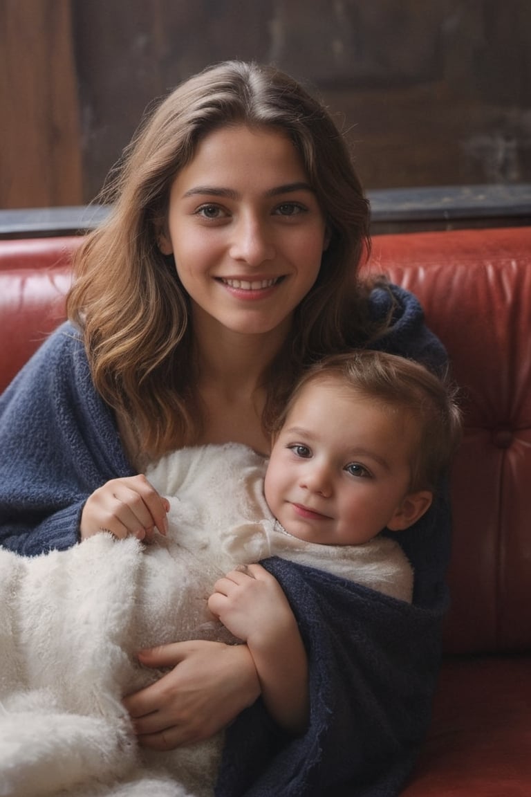 Photography of                             17 year old Jewish girl with her 
Little baby  in her arms,gold,sapphire, white marble,                                              in a room near the window, lying on an old and worn red leather sofa                                                       surrounded by a mysterious, warm and pleasant halo of light, beautiful                                                dutch_angle,beautiful smile, looking at the camera, facing camera                                                                                    
 Dressed in the same way as the virgin, with a cloak on his head                                             view from above                           full body shot
hi_resolution, highres realistic, Masterpiece, 8k, best quality, (ultra-detailed),photorealisti  detailed eyes,  detailed face,  hi_resolution, highres realistic, Masterpiece, 8k, best quality, (ultra-detailed), (intricate details)photorealisti,raw phot,detailed skin and acne. natural light,film 50mm prime lens,(8k, RAW photo, highest quality), (ultra-detailed )  photorealistic,  Real, detailmaster2,photo r3al,more detail XL,aw0k euphoric style,Wonder of Beauty