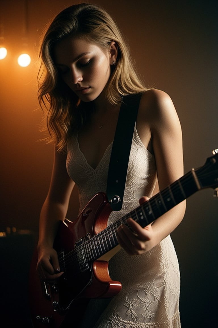 (((Iconic girl extremely beautiful)))
(((playing electric guitar)))
(((moody atmosphere, ethereal glow, delicate interplay of light and shadow, captivating gaze, artistic expression, emotional resonance)))
(((Chiaroscuro vivid colors background)))
(((View zoom,view detailed, dutch_angle)))
(((by Annie Leibovitz style, byDiane Arbus style)))