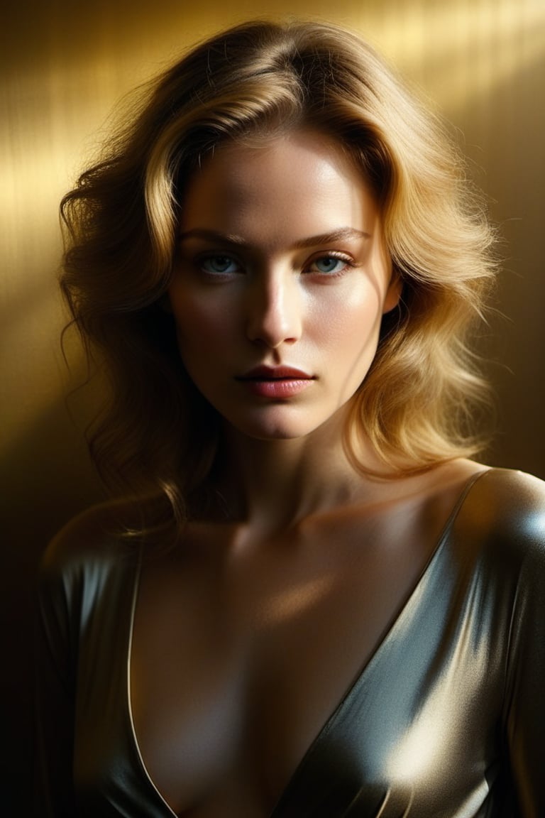 (((Iconic Woman extremely beautiful)))
(((moody atmosphere, ethereal glow, delicate interplay of light and shadow, captivating gaze, artistic expression, emotional resonance)))
(((Chiaroscuro gold colors background)))
(((View zoom,view detailed, dutch_angle)))
(((by Annie Leibovitz style,by Murata_Range style)))