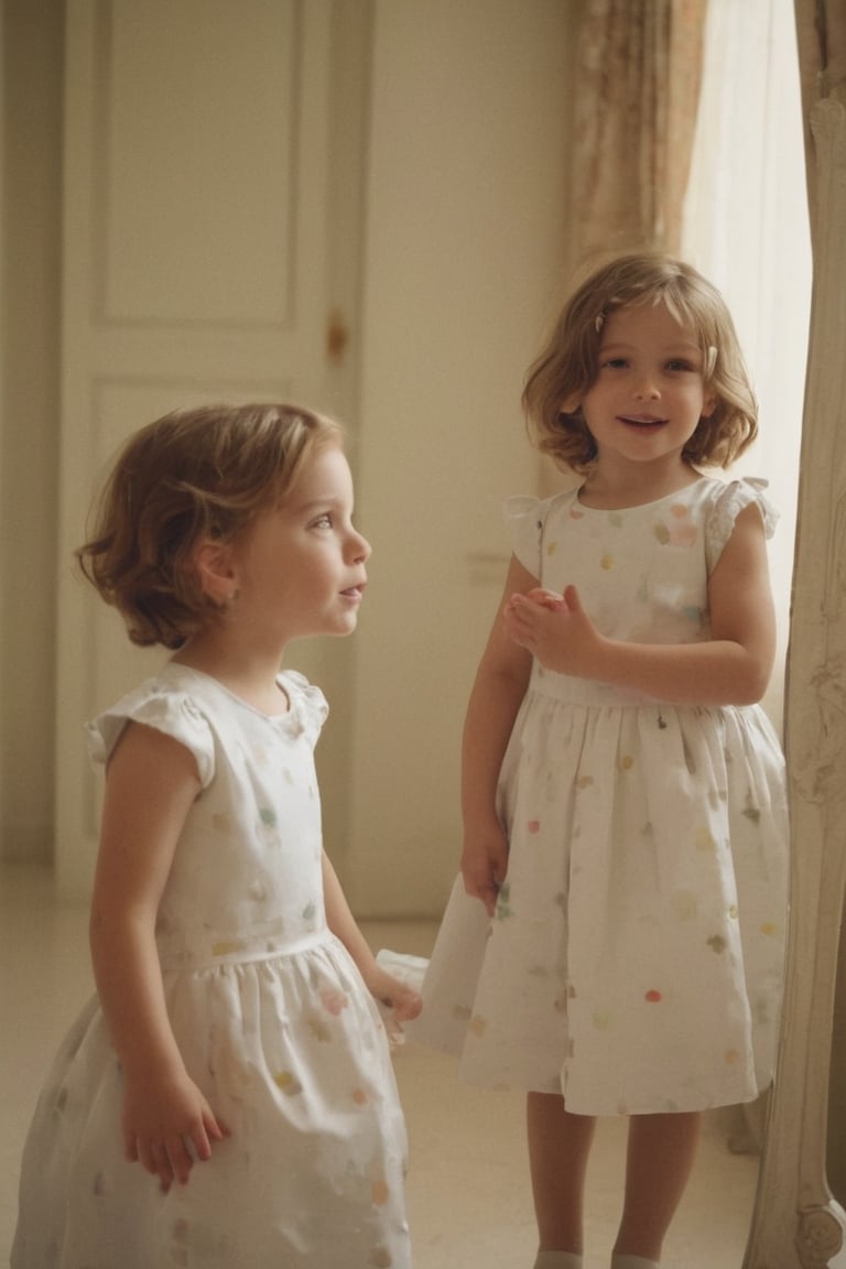 ((( 1950s age style)))grandmother and little girl
(((gorgeous nordic looking in a mirror, in a large room)))
(((Wide angle,full body shot)))
(((retro environment,melancholic tone,charming light,dramatic contrast between light and dark,pastel colors:1.2)))
(((hasselblad 70mm camera films))) 
(((beautiful smile, open mouth, happy, laughter)))
(((white wavy hair)))
((( bob_curt hair, short hair)))
(((dappled sunlight,elegant,
the theme of rainbow,cinematic lighting,rainbow like radiance,rich emotional)))
cinematic moviemaker style,dripping paint