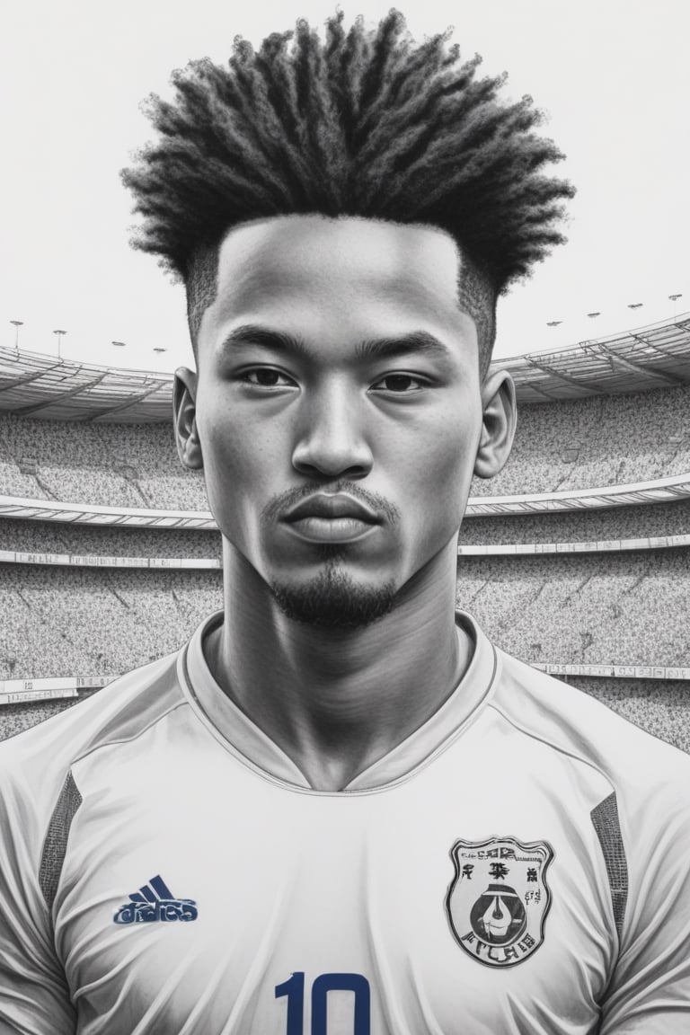 (((create Kim Jung Gi style illustration)))
(((footballer, Brazil national team,afro hair,detailed sports uniform)))
(((soccer ball)))
(((multiple people, background views stadium stands)))

(((Very detailed chinese ink Kim Jung Gi style drawing,  brush marks)))
(((Monochrome, black and white)))
(((full body shot from distance)))
Monochrome,Leonardo Style