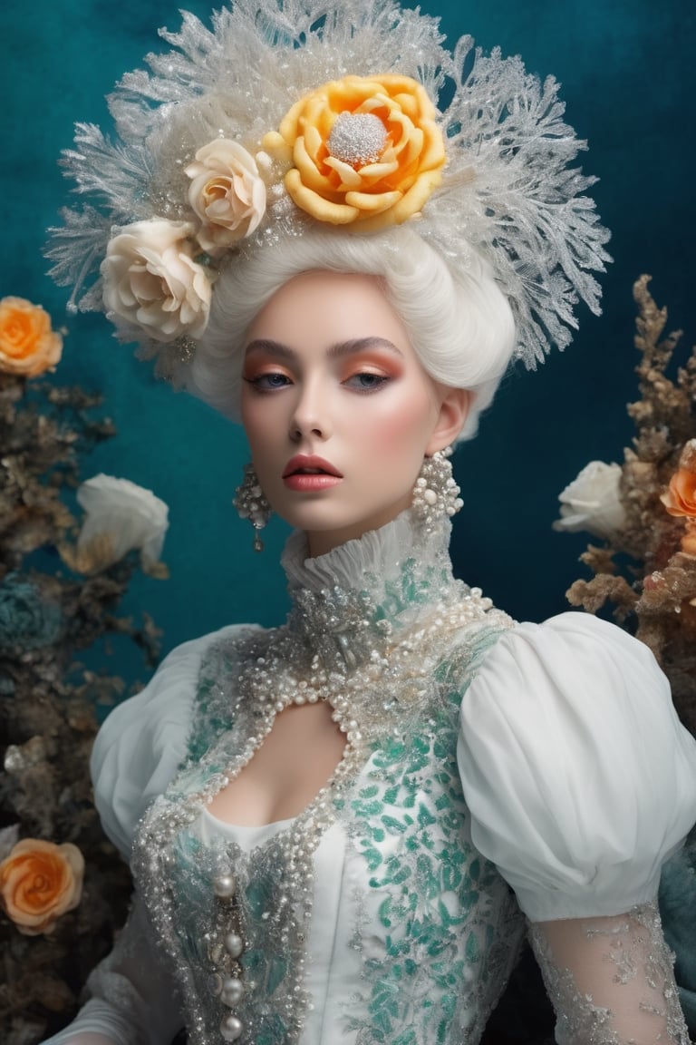 Extremely Realistic,Create a world with the next element * Glass sponge and coral Pocillopora pulchella for organic, flowing textures 
* extremely detailed Realistic silver, pearls white, emerald 
*view from above, centered, half body shot, natural light
* Marie-Antoinette details, gathers, beehives, ball gathering for volume and romance
* Crinoline, smocks, pin tucks for structure and architecture
* English pavilions for neoclassical references
* Belle Époque winter garden for retro inspiration
* Hans Bellmer-style surrealism and Donyale Luna mannequin for onirism
* Balata Garden and Martinique corals for tropical inspiration
* Gabrielle Chanel and diva singers for timeless elegance
* Short" for a contemporary twist white and blue rose and old yellow rose embroidery on tulle . Extremely Realistic, photo r3al,make_3d, cinematic moviemaker style,dripping paint,abstact