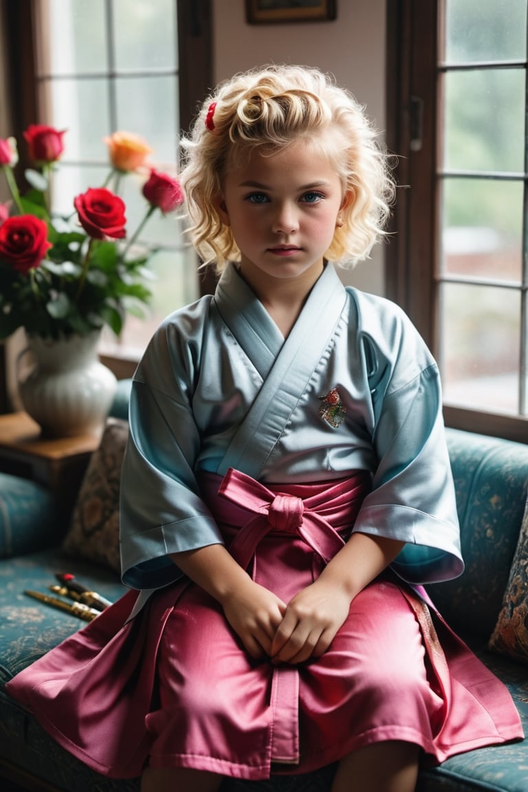 portrait of (((little girl 11-year-old Nórdic))) 1950s style, rainbow light hair,(((blonde short curly hair,(50s age style),high detailed hair)))(((detailed full hakama samurai with sword katanas))) sofa near a window  furniture,view front,flowers, plants, roses,view from above,  centered,full body shot,  natural light from a window,raw,iso. 800,50mm films,high detailed skin,detailed face,detailed eyes,detailed skin,acne,pores, detailmaster2,photo r3al,  moviemaker style