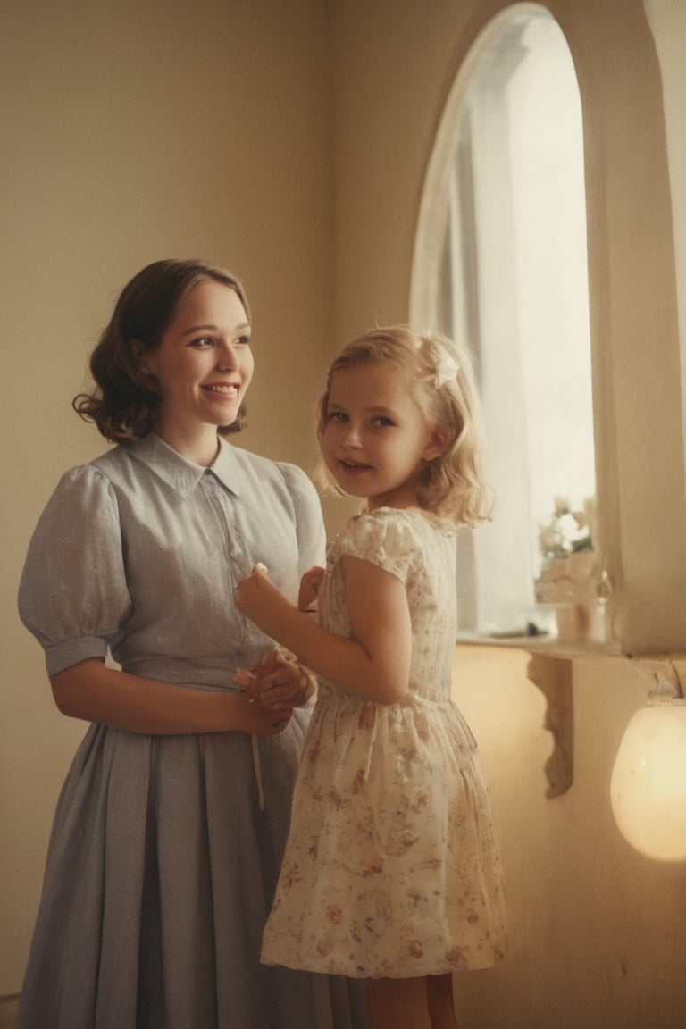 ((( 1950s age style)))woman and little girl
(((gorgeous nordic looking in a mirror, in a large room)))
(((Wide angle,full body shot)))
(((retro environment,melancholic tone,charming light,dramatic contrast between light and dark,pastel colors:1.2)))
(((hasselblad 70mm camera films))) 
(((beautiful smile, open mouth, happy, laughter)))
(((white wavy hair)))
((( bob_curt hair, short hair)))
(((dappled sunlight,elegant,
the theme of rainbow,cinematic lighting,rainbow like radiance,rich emotional)))
cinematic moviemaker style,dripping paint