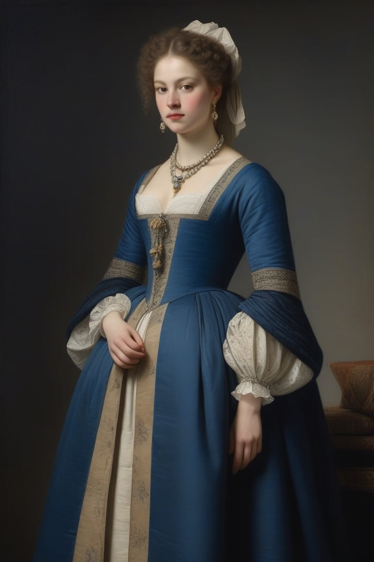 (((iconic but extremely beautiful)))
(((clothing canvases/cloths and mixed fabrics)))
(((blue,Beige,gray)))
(((simple background)))
(((1840s age style,with accessories)))
(((intricate details, masterpiece, best quality, photorealistic, minimalist)))
(((dynamic pose, looking at viewer,profile view, full body view)))(((by Rembrandt style, by John Ford Director style)))