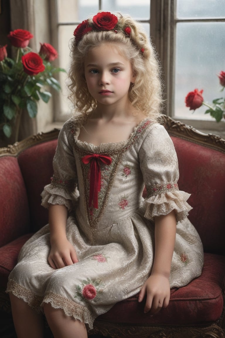 portrait of little_girl 10-year-old Nórdic,((( Wearing luxury sack-back gown, detailed and opulent description of a aristocrat's sack-back gown in Rococo style, emphasizing luxurious fabrics, intricate embroidery, and ornate accessories,)))
,rainbow light hair,  blonde short curly hair, Sexy,sitting open_legs on worn old black leather sofa near a window,old and worn red furniture ,view front,flowers, plants, roses,view from above,  centered,full body shot,  natural light from a window,raw,iso. 800,50mm films,high detailed skin,detailed face,detailed eyes,detailed skin,acne,pores, detailmaster2,photo r3al,  moviemaker style