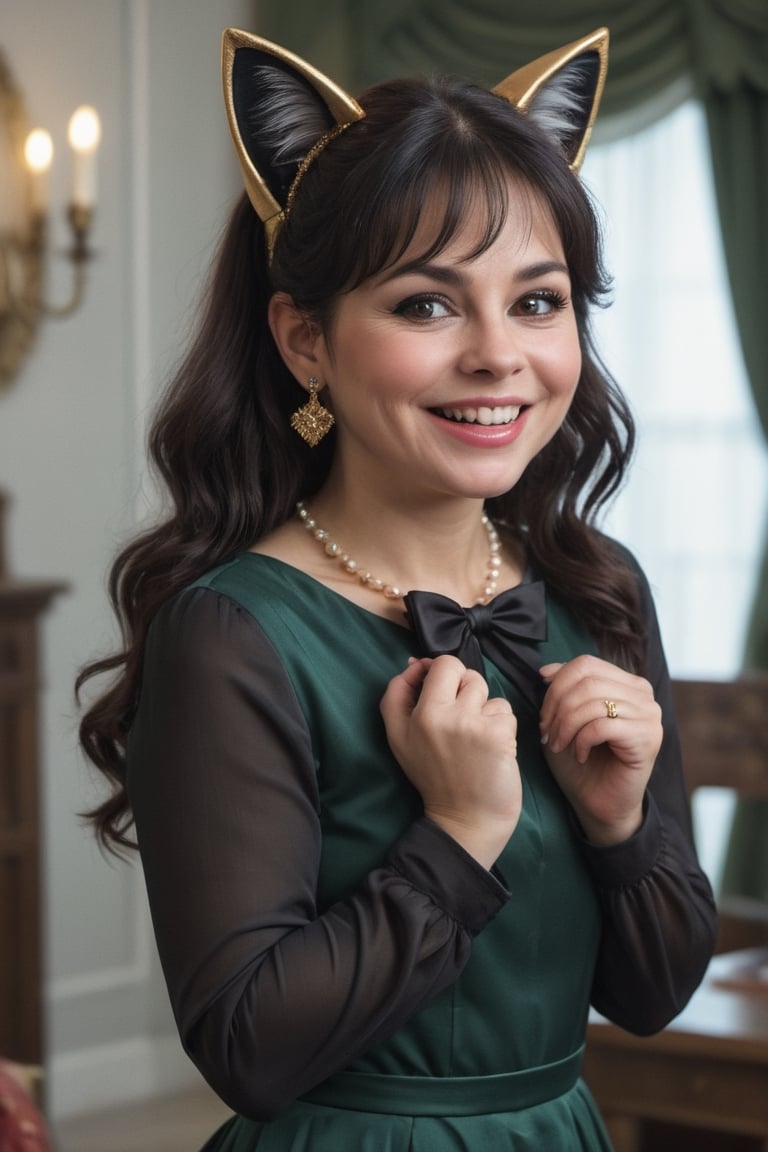 Woman mature chubby 55-year-old Nórdic, very beautiful smile, long hair, looking at viewer, bangs, black hair, long sleeves,detailed dress, bow, ribbon, animal ears, jewelry, upper body, ponytail, hair bow, earrings, indoors, cat ears, hand up, black eyes, black dress, lips, black ribbon, black bow, realistic, nose,(((gold, emerald 
 sapphire, ruby, Mármol white,perlas white)))masterpiece, hyperdetailed photography, hyper-realistic, Kodak Ektar camera, detailed skin pores acne, detailed hands, detailed anatomy, detailed face, detailed eyes, detailed mouth,,photo r3al, cinematic moviemaker style, 85mm cámara, 